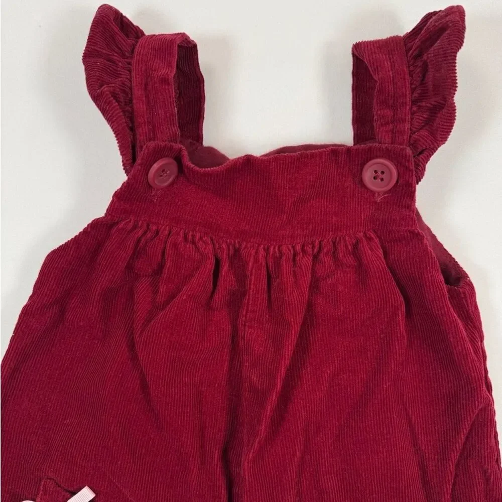 CRACKER BARREL Baby Girls’ Red Corduroy Owl Knee Patch Ruffle Overalls Size 12M
